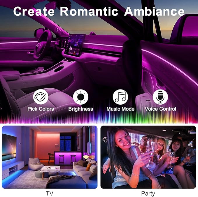 Interior Car LED Strip Lights APP Control, 5 in 1 RGB 16 Million Colors Ambient