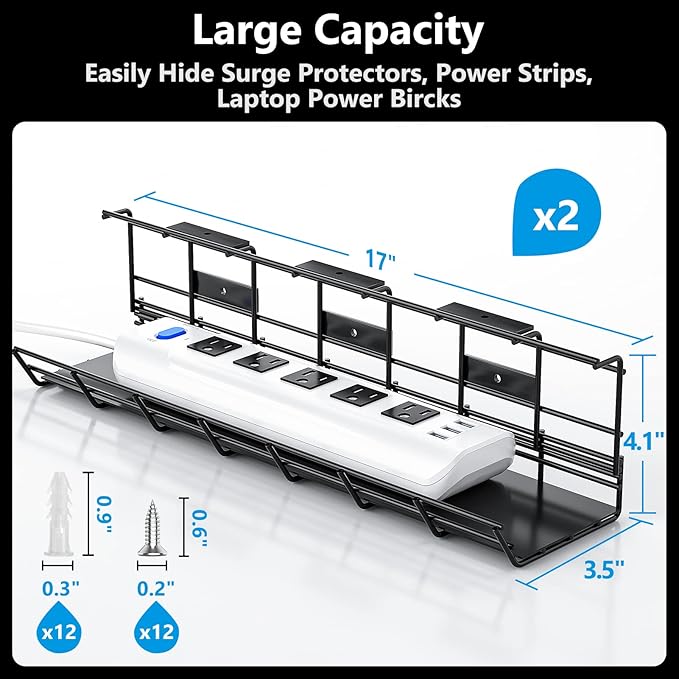 2 Pack DELAMU Under Desk Cable Management Tray, Metal Cord Cable Organizer