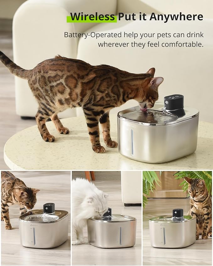 Wireless Cat Water Fountain Stainless Steel, 135floz/4L Battery Operated