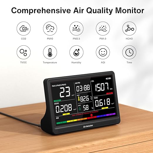 16 in 1 Air Quality Monitor Indoor 7" Display 9 AQI+7 AQI Alerts, CO2 Monitor