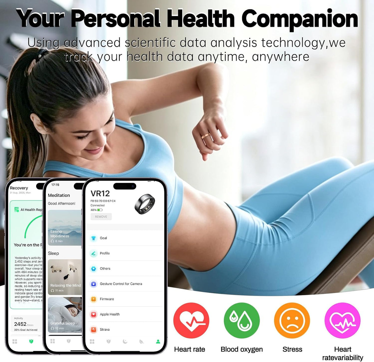 Smart Ring for Women & Men, AI Health Analysis, Thin Fitness Tracker Ring, Health Ring with Heart Rate, SpO2, HRV, Stress, Sleep, Cycle and Activity Tracking, 6.42mm Design, No App Fees (Rose Gold,7#)