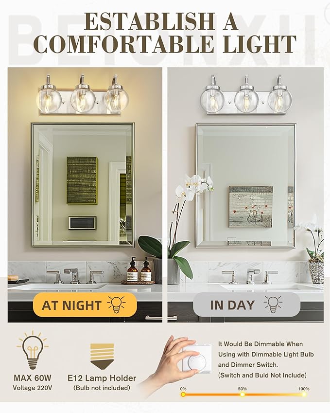 Beionxii Brushed Nickel Bathroom Light Fixtures, 3-Light Bathroom Vanity Light