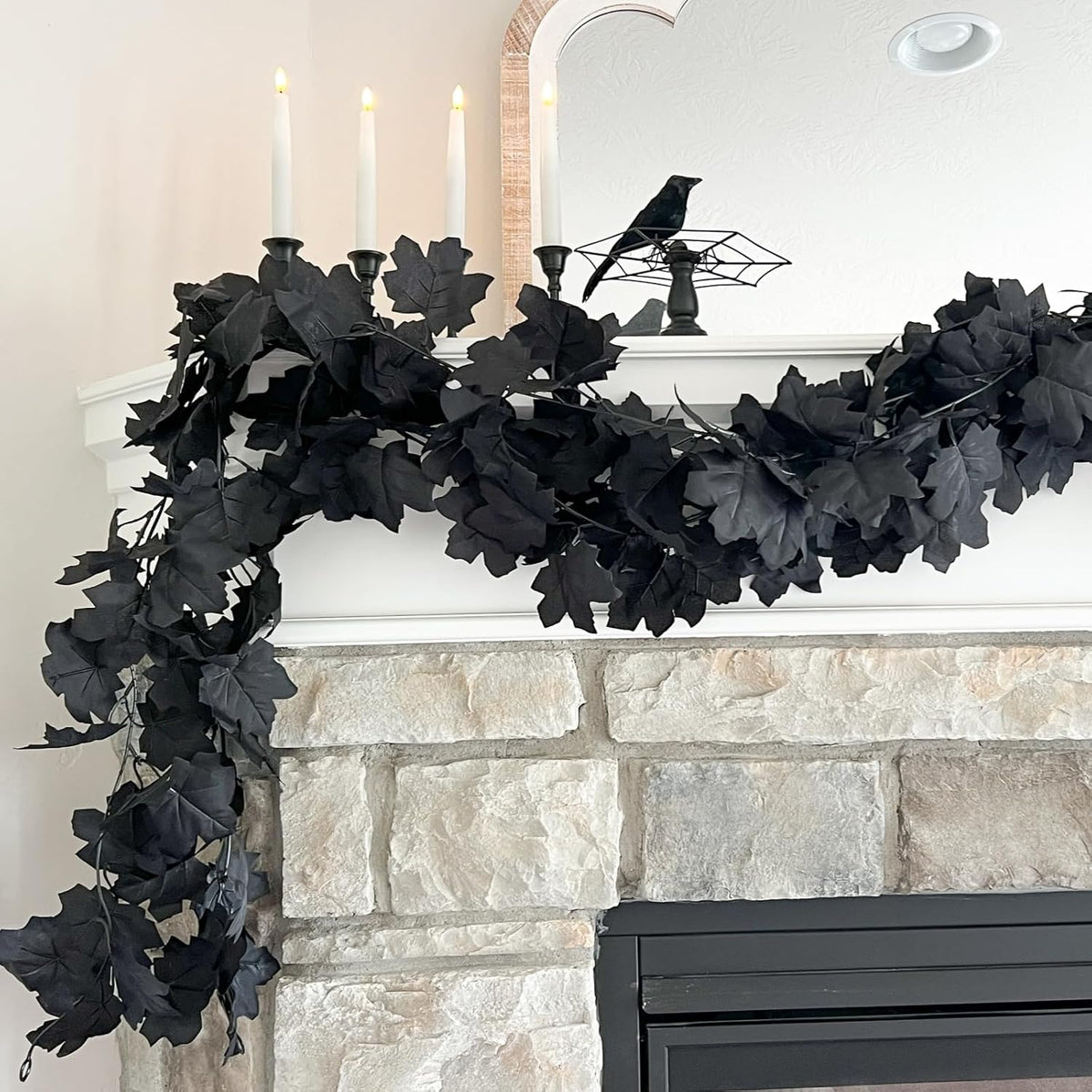 CQURE 7 Pack Black Fall Leaf Garland, Total 41.3Ft Halloween Garland Hanging Vines Artificial Fall Maple Leaves Thanksgiving Decor for Home Wedding Fireplace Christmas