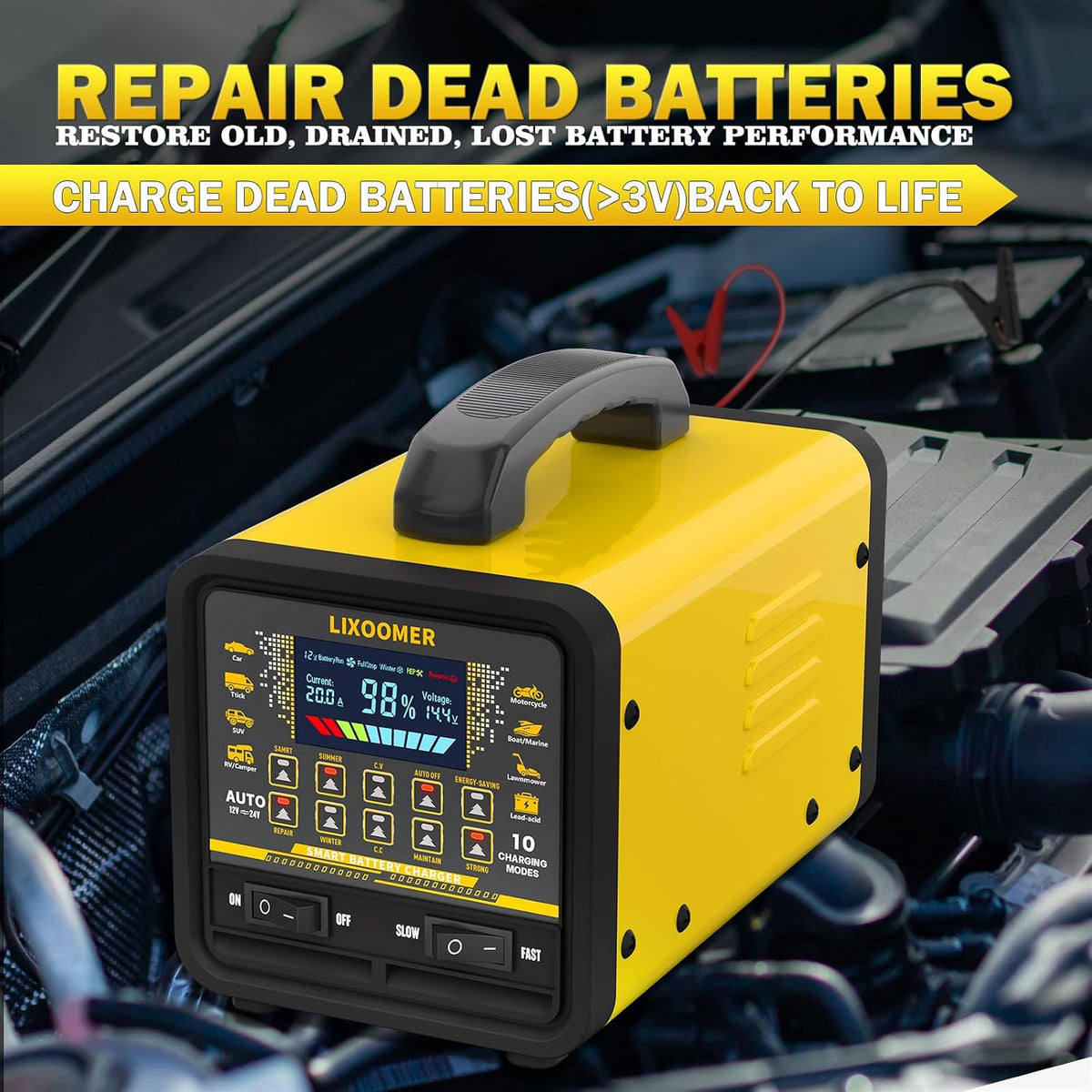 Upgraded 12V/24V 0-20A Smart Car Battery Charger & Automatic Maintainer