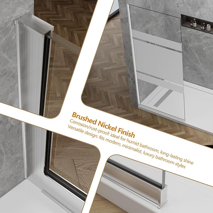 36"x76" Fixed Glass Shower Door, 3/8" Thick Mid-Band Frosted Privacy Tempered