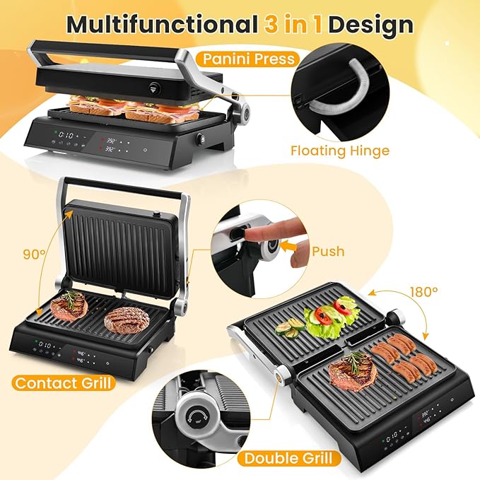 COSTWAY Electric Panini Press Grill, 1200W Gourmet Sandwich Maker w/Non-Stick