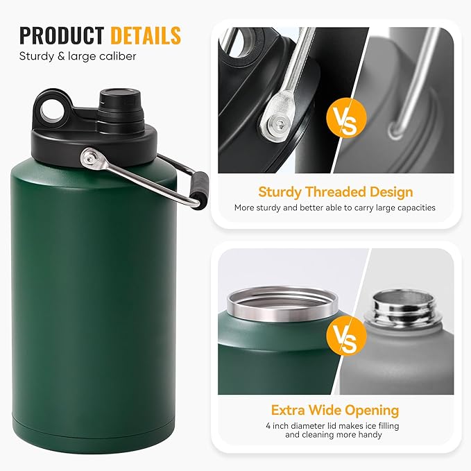 Insulated Gallon Jug with Handle, One Gallon, 128oz Stainless Steel, Large