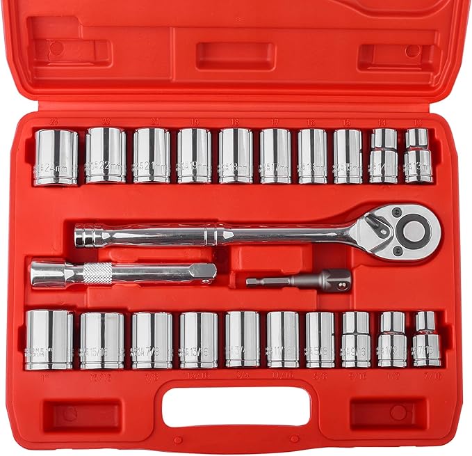 Egofine 1/2" Drive Socket Set, 23 Piece Standard SAE and Metric 6 Point
