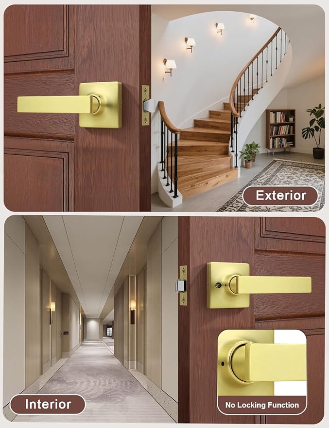 Mengico 2 Pack Passage Door Levers Gold Finish, No-Locking Keyless Square Door