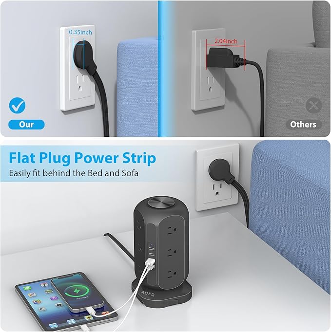 AOFO Long Extension Cord 15 ft Power Strip Tower, Surge Protector 12 AC Outlets