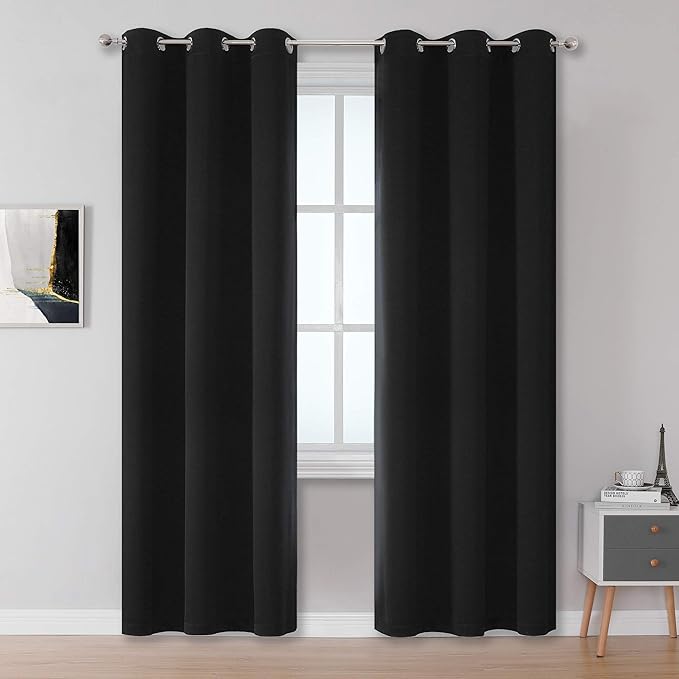DUALIFE Black Blackout Curtain for Living Room 84 Inch Length Solid Energy (Set of 2)