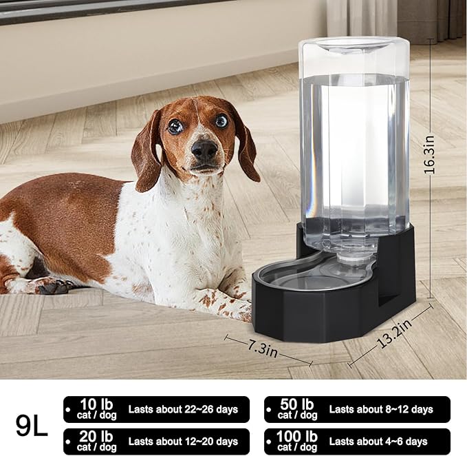 Sfozstra Large Dog Water Dispenser: 9L Gravity Black Gravity Water Feeder