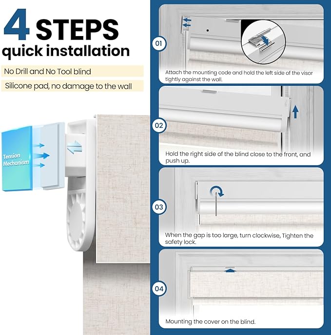 No Drill Motorized Blinds with Remote, Cordless Smart Electric Roller Shades