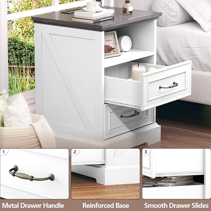 Nightstand with Charging Station, Rustic Farmhouse Wood Small Dresser, Bedside