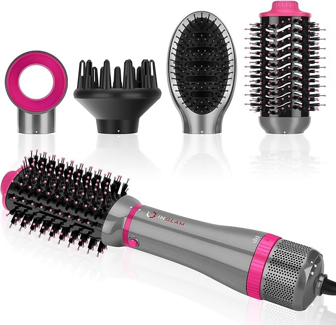 IG INGLAM 4 in 1 Blowout Brush, Negative Ion Detachable Hair Dryer & Styler