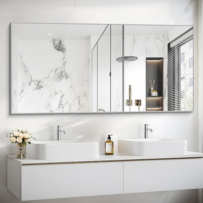 30x55In Silver Bathroom Mirror for Wall, Brushed Nickel Rectangle Mirrors