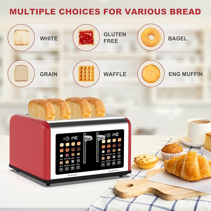 4 Slice Toaster Touch Screen, Stainless Steel Toasters Digital Timer, Dual