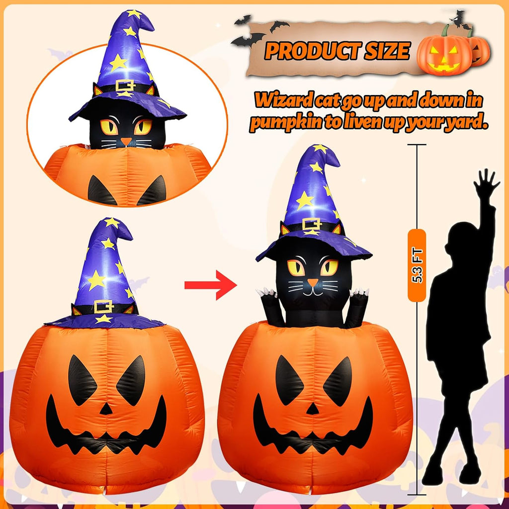 5.3 FT Halloween Inflatable Animated Witch Cat in Pumpkin, Blow Up Yard Decorations with Build-in LEDs Lighted Decor for Holiday Party Outdoor Indoor Lawn Garden