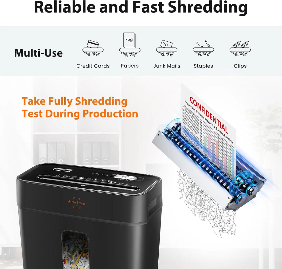 VidaTeco 6-Sheet Cross Cut Paper Shredder for Home Office, 3.04-Gallon Bin