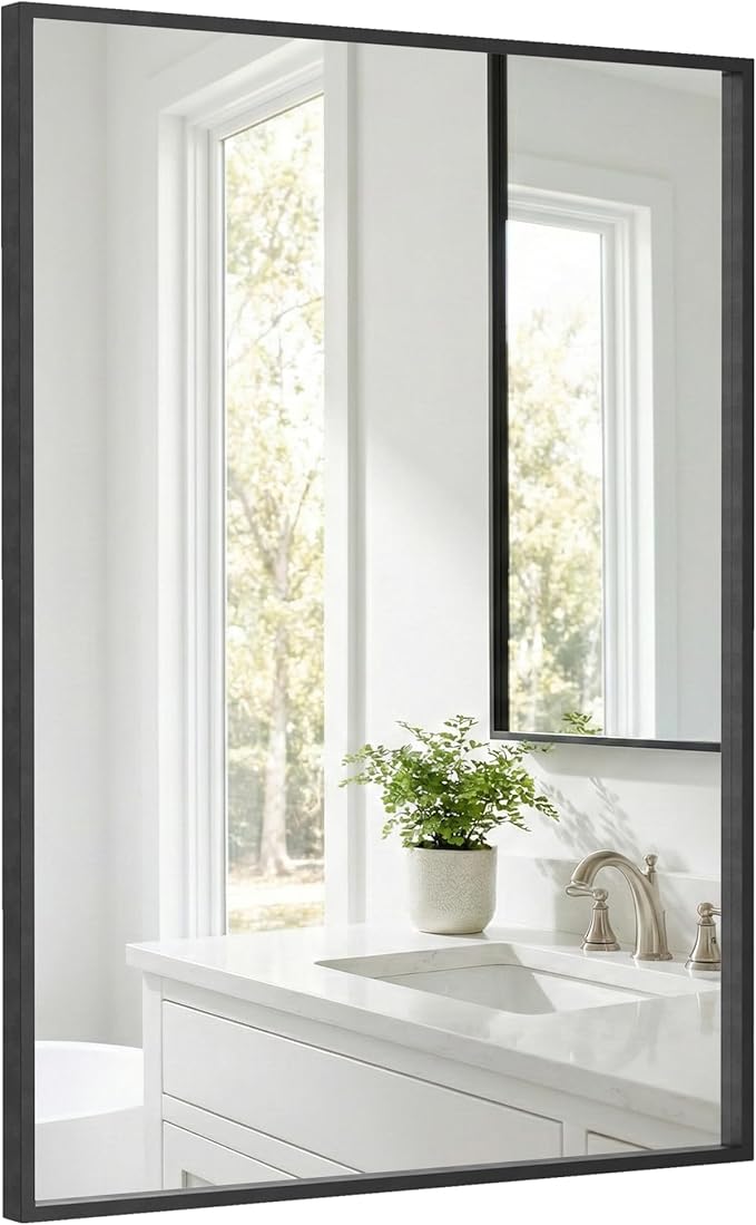 24''x36'' Matte Black Bathroom Mirror | Deep-Set Recessed Metal Frame |