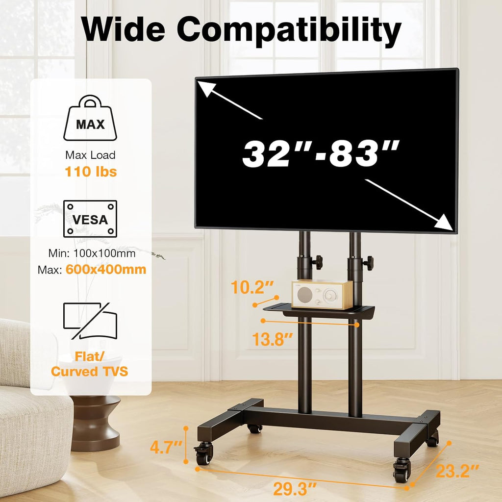 tavr mobile tv stand rolling tv cart floor, front angle view