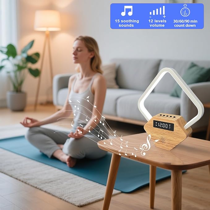 Wood Sunrise Alarm Clock with White Noise Machine 3 Color Night Light 15