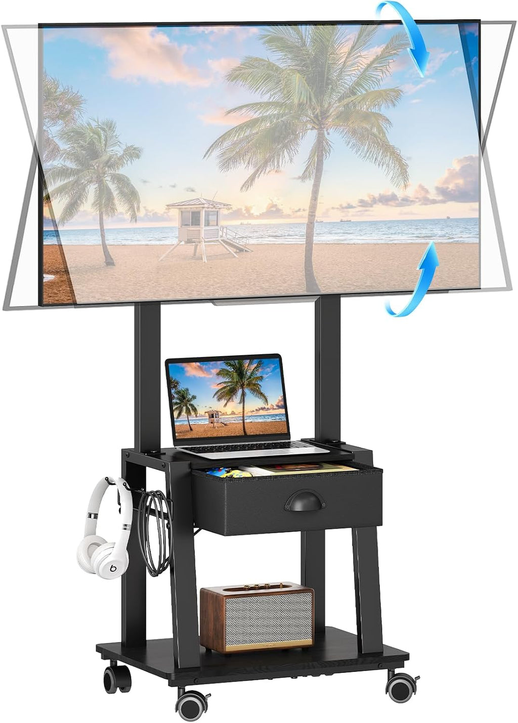 Mobile TV Stand with Drawer for 23-60 Inch TVs,Tilt Rolling TV Cart on Wheels with 2 Shelves Adjustable Height Portable TV Stand for Bedroom/Living Room Holds up to 50 lbs Max VESA 400x400mm
