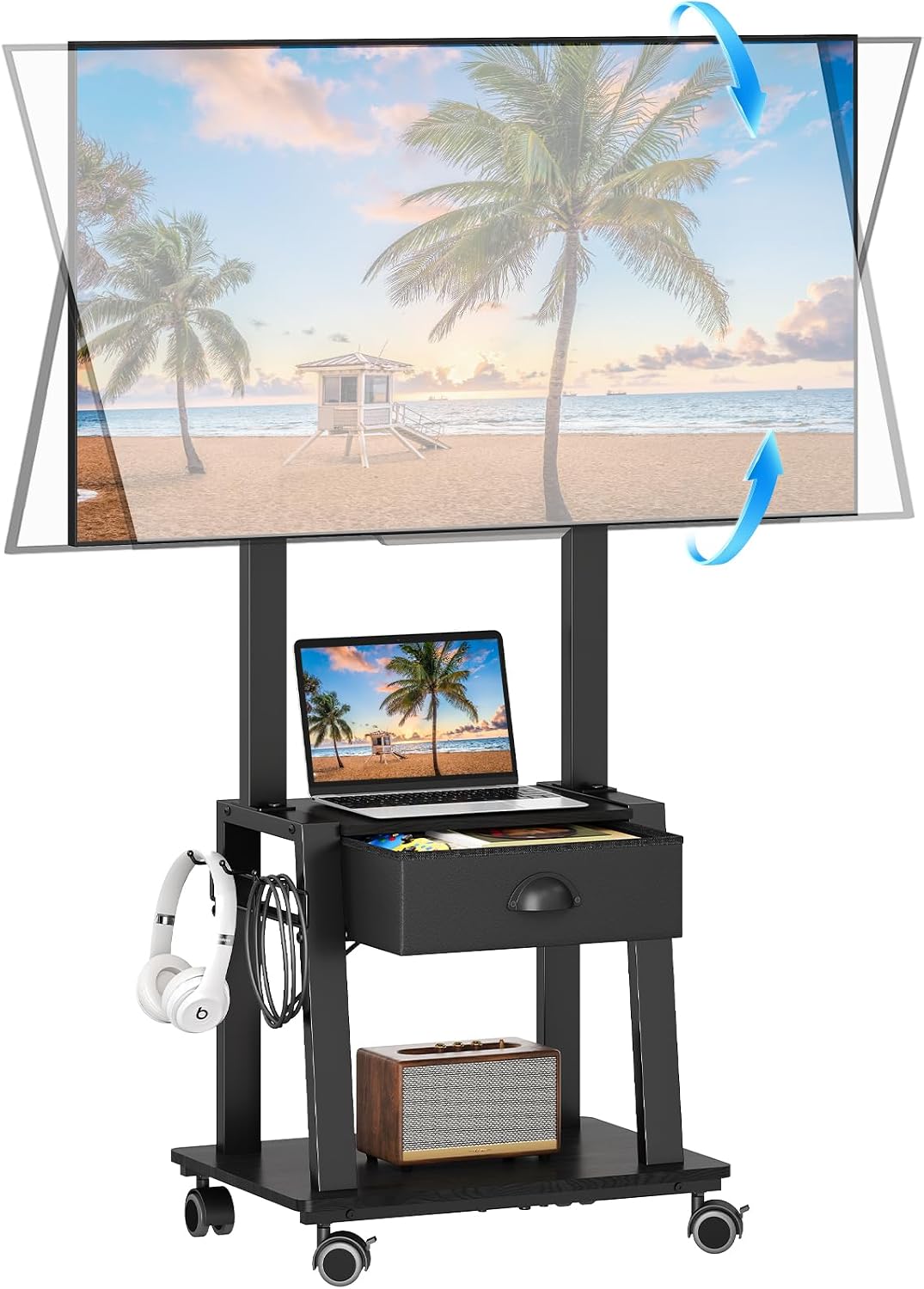 Mobile TV Stand with Drawer for 23-60 Inch TVs,Tilt Rolling TV Cart on Wheels with 2 Shelves Adjustable Height Portable TV Stand for Bedroom/Living Room Holds up to 50 lbs Max VESA 400x400mm
