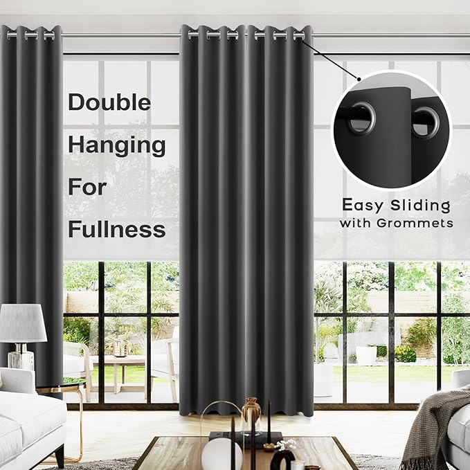 2 Panels 96 Inches Long Dark Gray/Grey Blackout Curtains