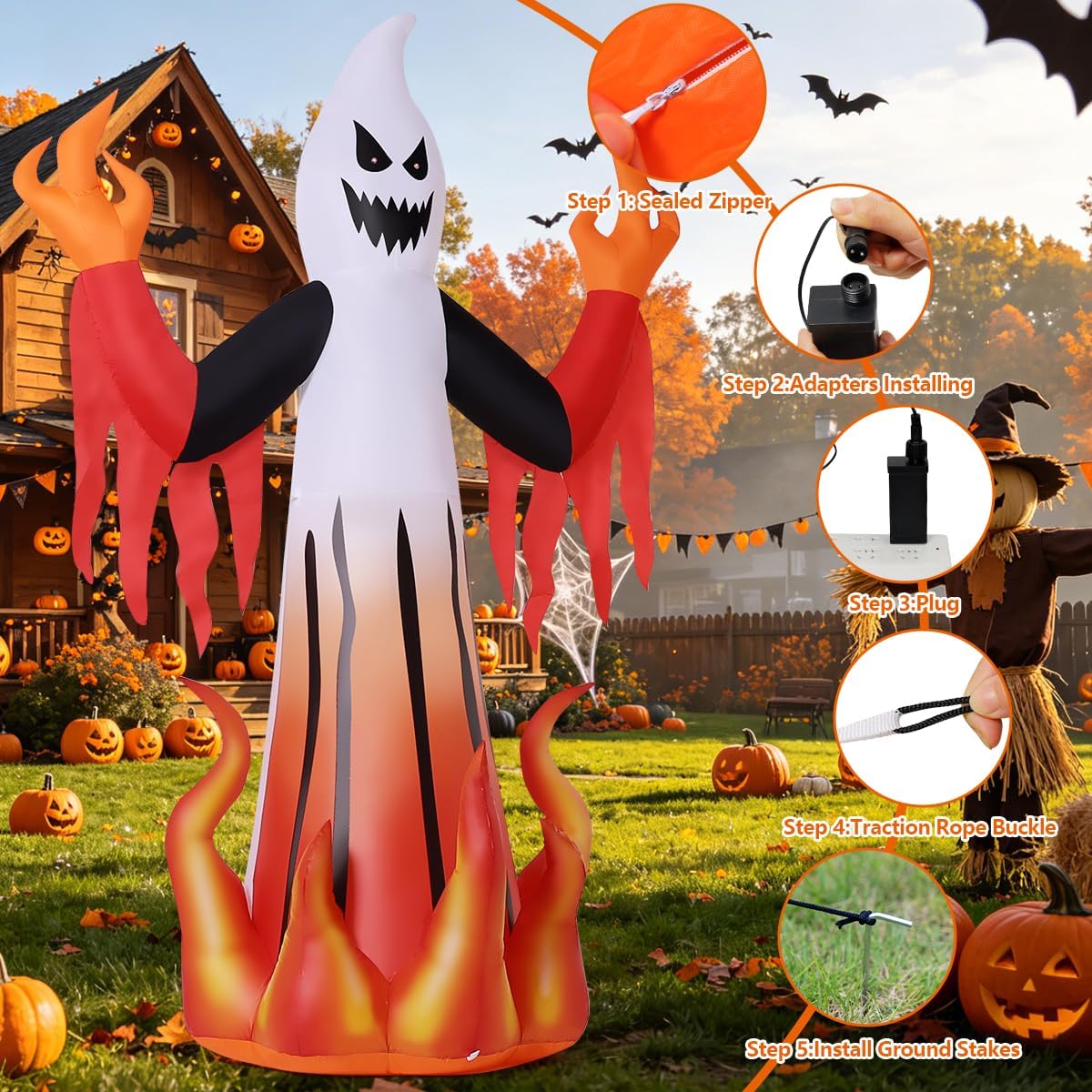 Halloween Inflatables 8FT Scary Ghost with Flames for Outdoor Yard Decor