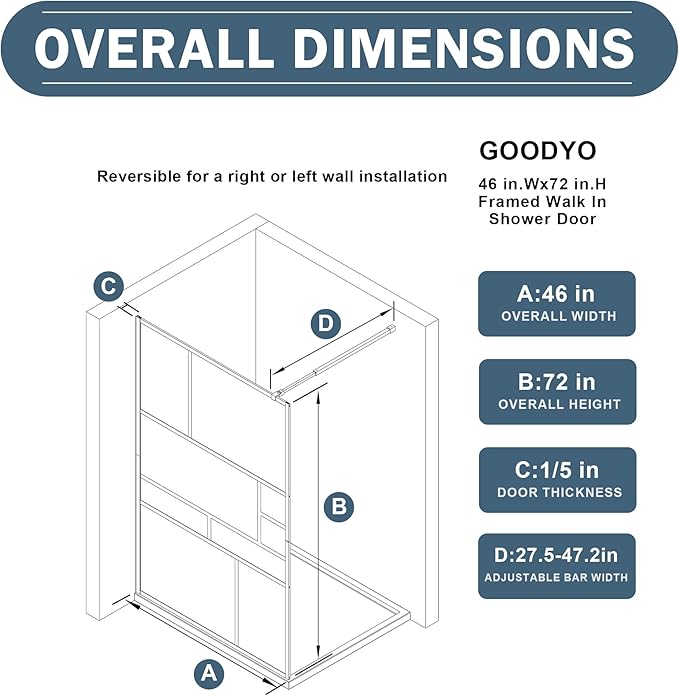 Goodyo 46 in. W x 72 in. H Bathroom Shower Glass Door Framed Tempered Clear (3-Pieces)