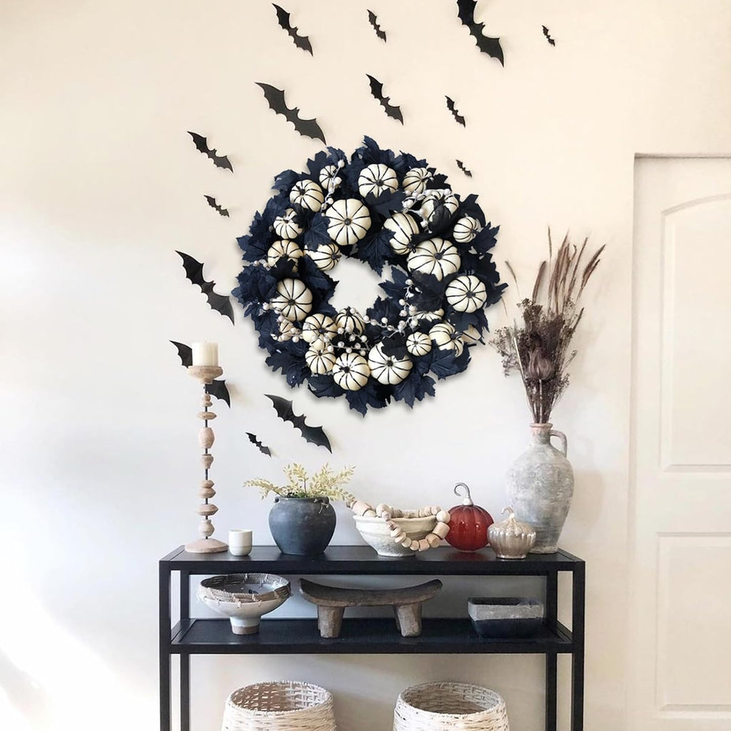 22inch Halloween Wreath Black Maple Leaf Wreaths White Pumpkin Wreath Holiday Decoration Party Party Celebration Wreaths Front Door Back Door Hallway Patio Decoration（White）