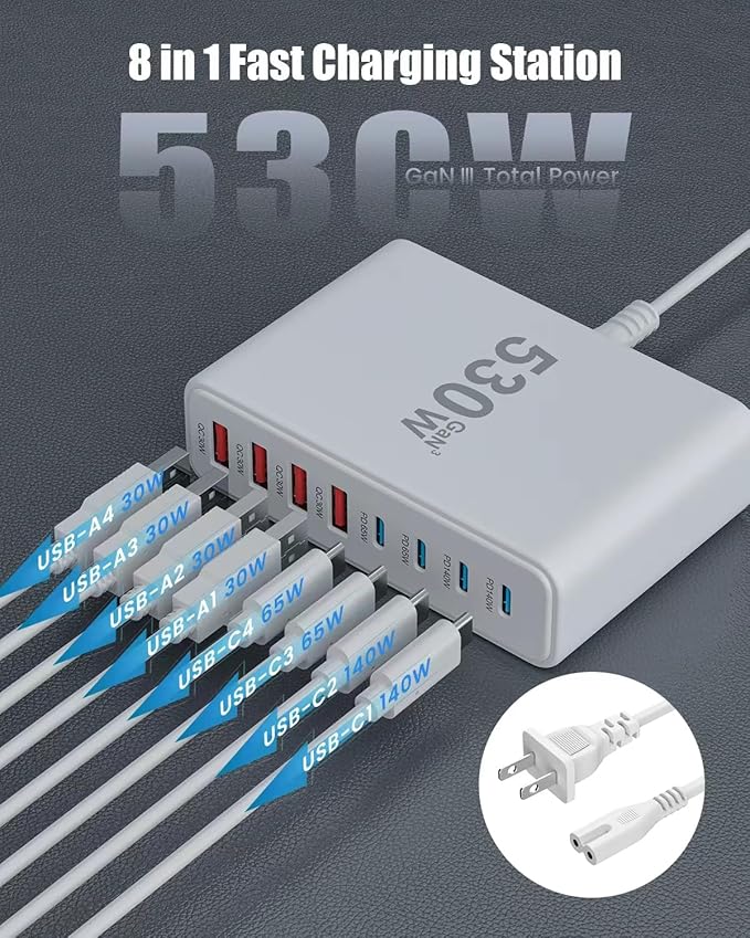 530W USB C Charger Block, 8-Port USB C Charging Station GaN IV Travel