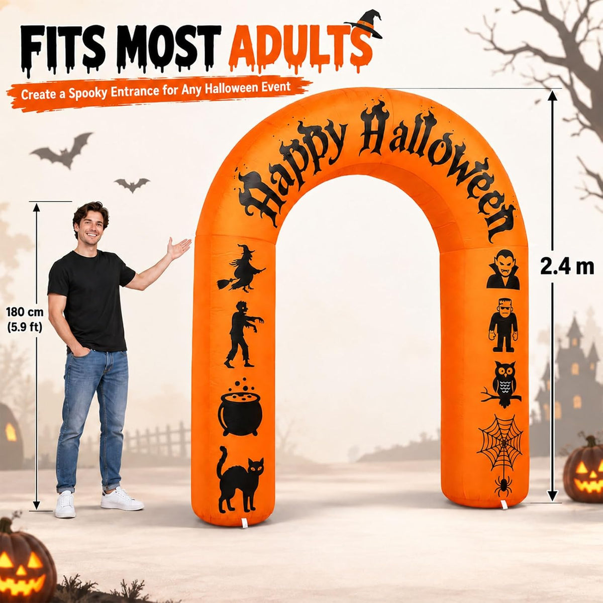 8FT Halloween Inflatable Arch with LED Lights, Orange, Happy Halloween Archway with Witch, Zombie, Vampire, Frankenstein, Owl, Spider, Black Cat for Indoor Outdoor Decor