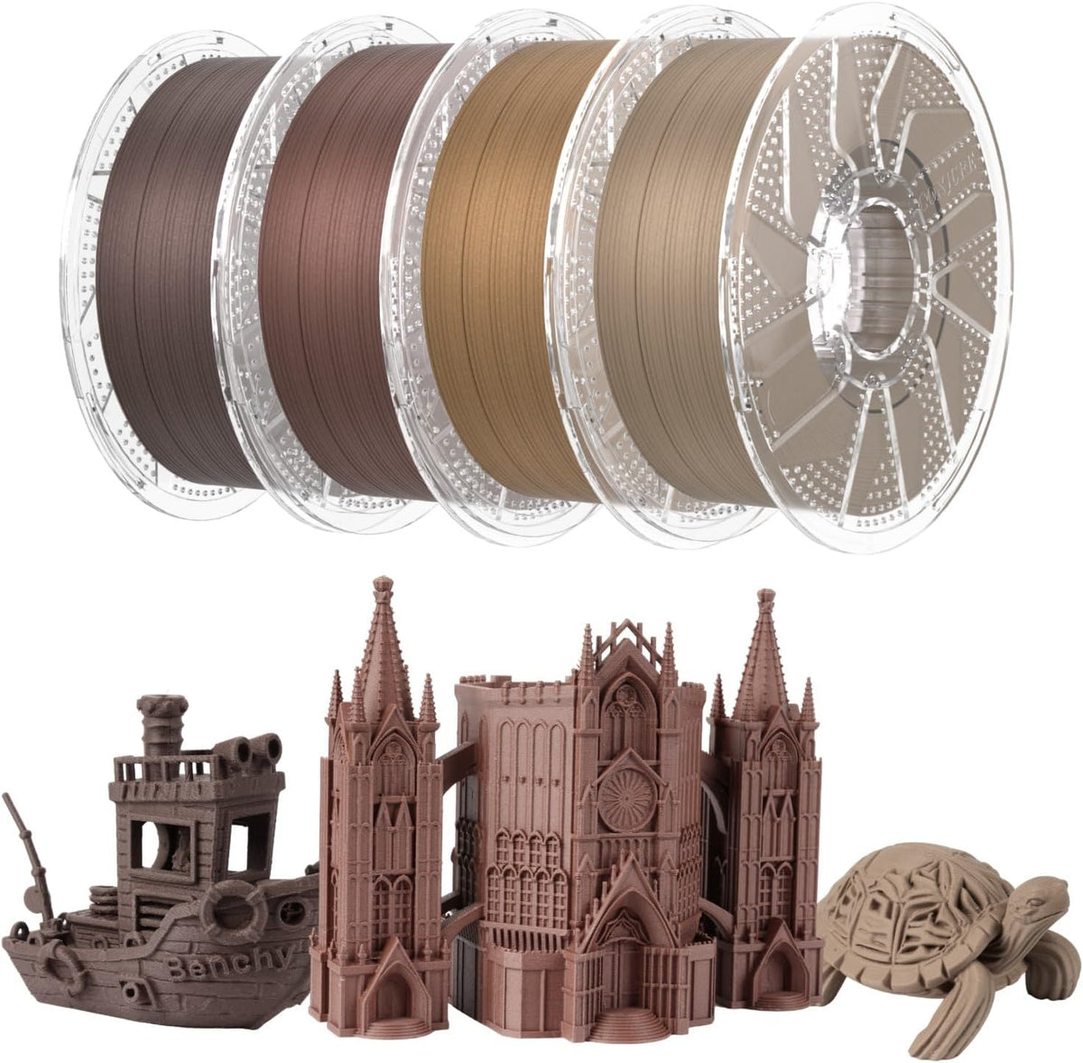 Chitu Systems Wood PLA Filament Bundle, 3D Printer PLA 1.75mm Cherry Walnut White Oak Teak with Real Wood Fiber, Using Reusable Spool Compatible with Bambu Lab Refill Filament, 4x1KG 8.8lb