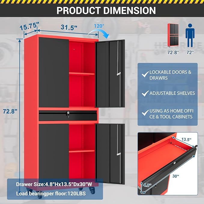 73" Metal Cabinet-Black & Red Heavy Duty Rolling Storage Cabinet Steel Tool