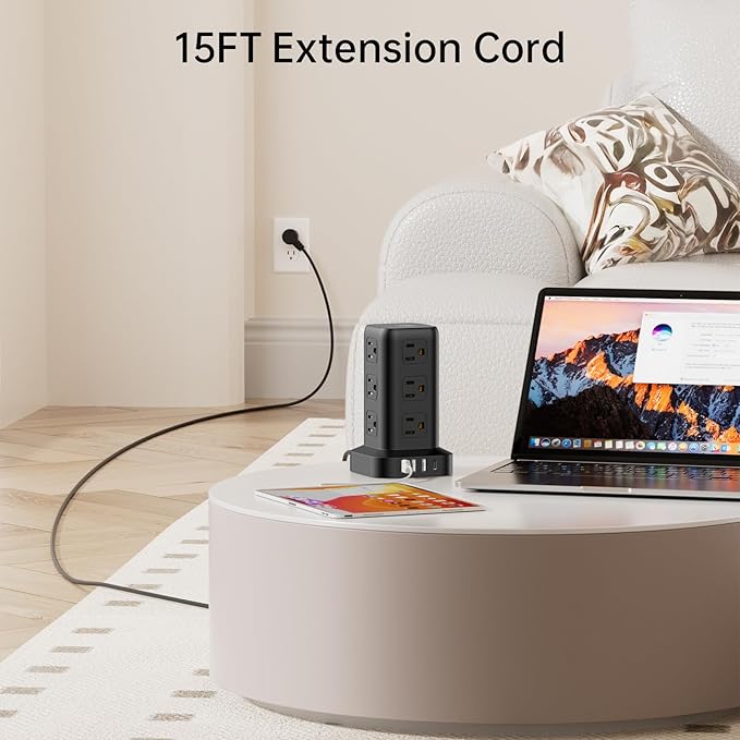 PD20W Surge Protector Power Strip Tower, 15FT Extension Cord