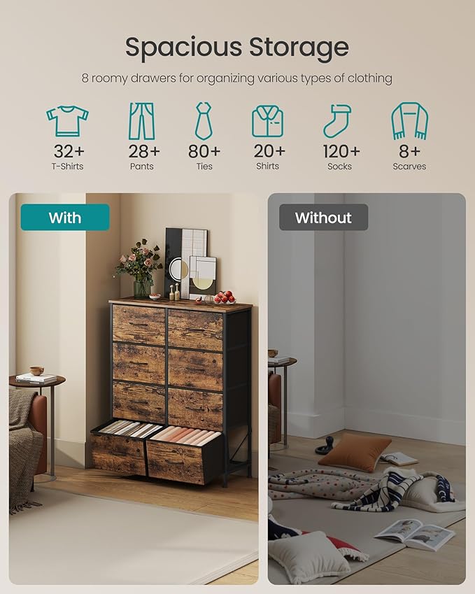 SONGMICS Dresser for Bedroom, Chest of Drawers, 8 Non-Woven Fabric Drawers