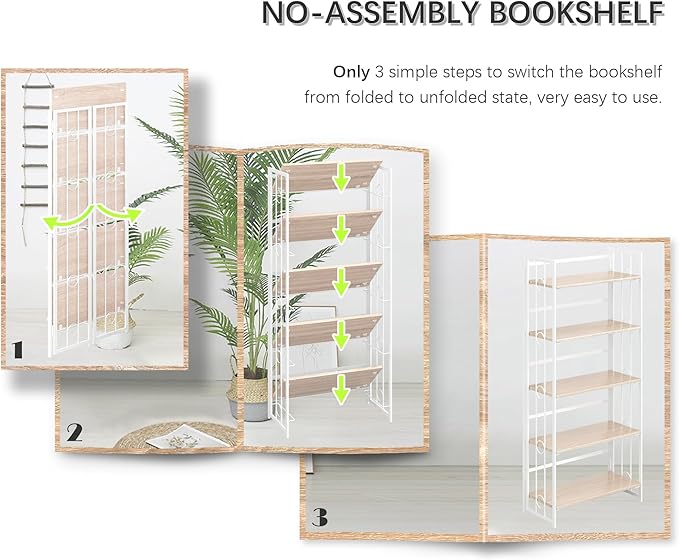 4NM No Assembly 5 Tiers Folding Bookshelf, 59.4" H Foldable Storage Shelves