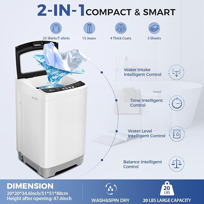 Nictemaw Portable Washing Machine 20Lbs Capacity 2.8 Cu.ft Portable Washer and