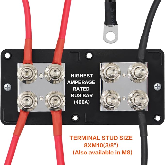 AMOMD Heavy Duty 400A 12-48V Tin-Plated Copper Block Bus Bar 8xM10 Studs