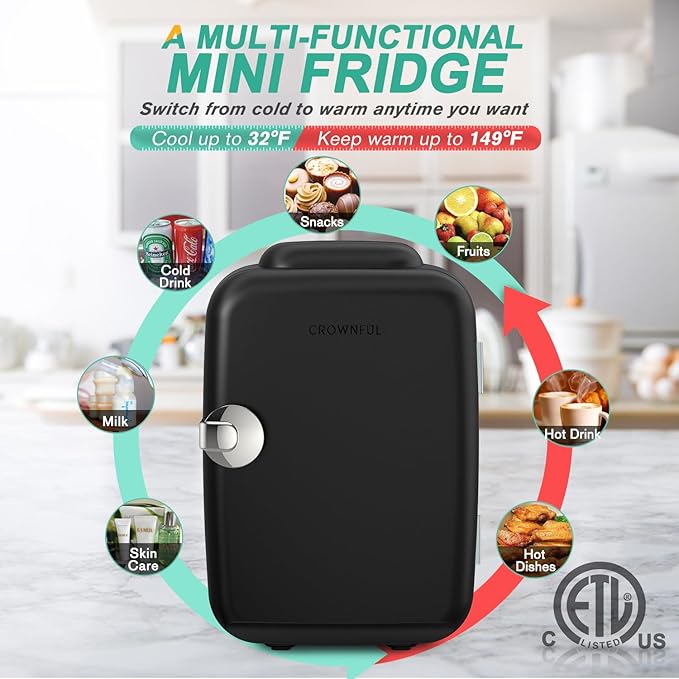 CROWNFUL Mini Fridge, 4 Liter/6 Can Portable Cooler and Warmer Personal Fridge