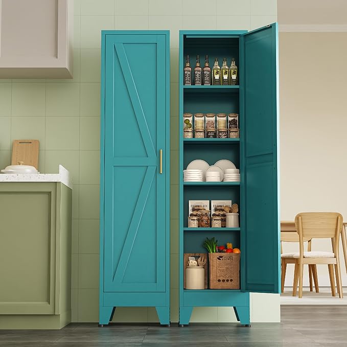 Narrow Metal Cabinet with 4 Adjustable Shelves and Barn Doors, Tall Bathroom