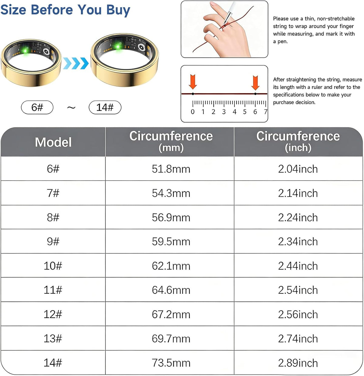Smart Ring for Women Men, Health Tracker, Fitness Ring (Gold, 7#)