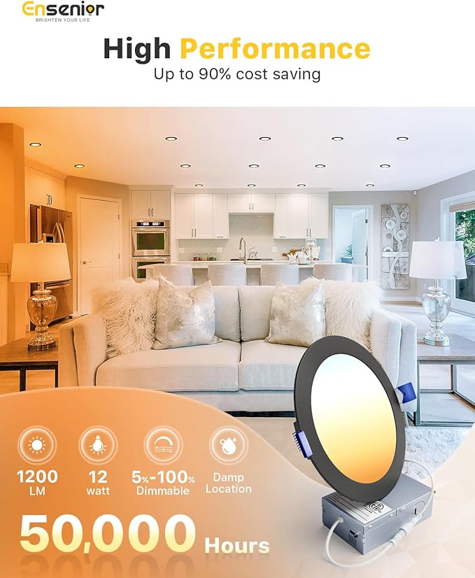 Ensenior 12 Pack 6 Inch LED Recessed Ceiling Light Black, 2700K-5000K 5CCT