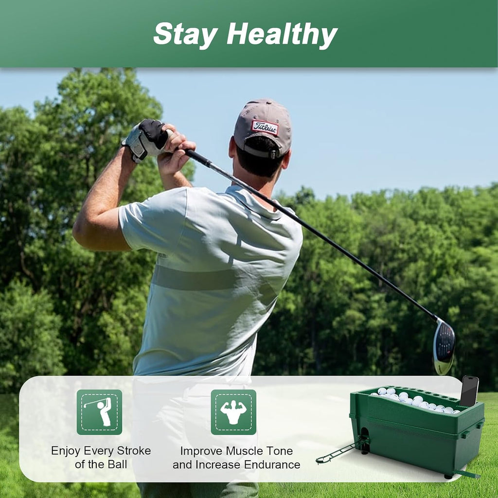 Automatic Golf Ball Dispenser with Tee Up Machine, No More Bending Over, 100 Ball Capacity Auto Tee Up for Indoor Golf Simulator, Backyard Net & Driving Range, 9 Club Slots & Phone Holder (Green)
