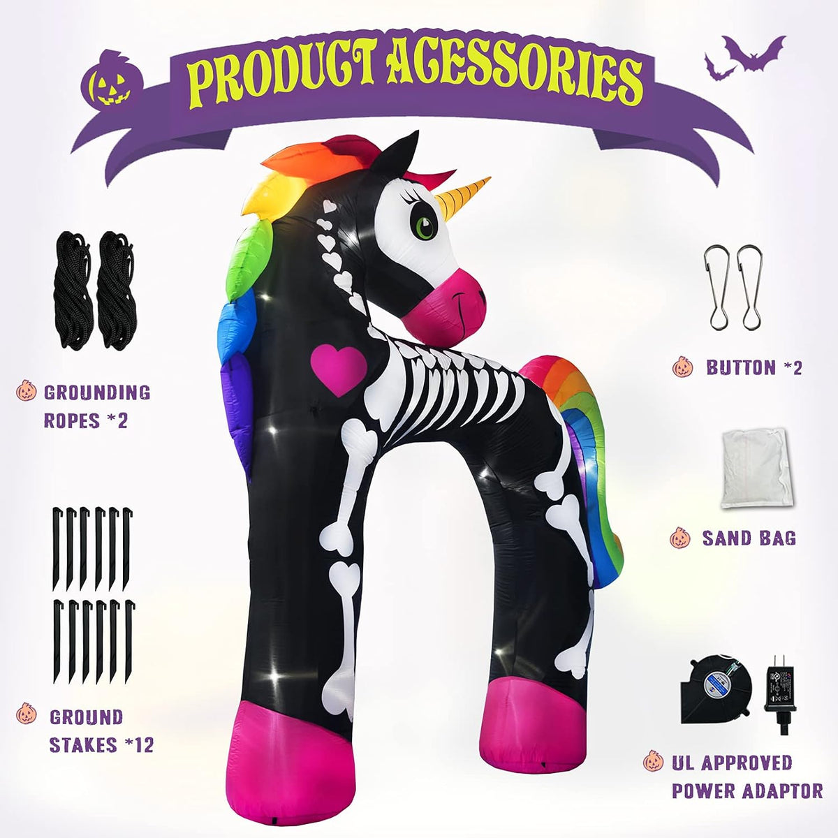 11FT Giant Halloween Inflatables Arch, Rainbow Skeleton Unicorn Decoration