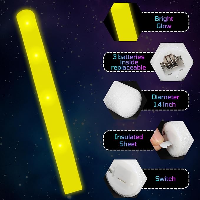 Foam Glow Sticks Bulk, 30 PCS Yellow Light Up Foam Sticks 3 Modes, Glow Party Supplies for Wedding,Raves, Carnival, Concert, 4th of July, Halloween, Christmas, New Year