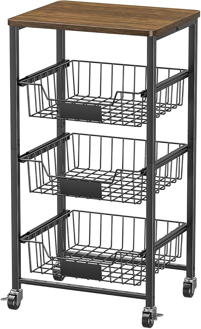 Kitchen Storage Cart with Wheels, 4-Tier Metal Utility Rolling Cart Fruit