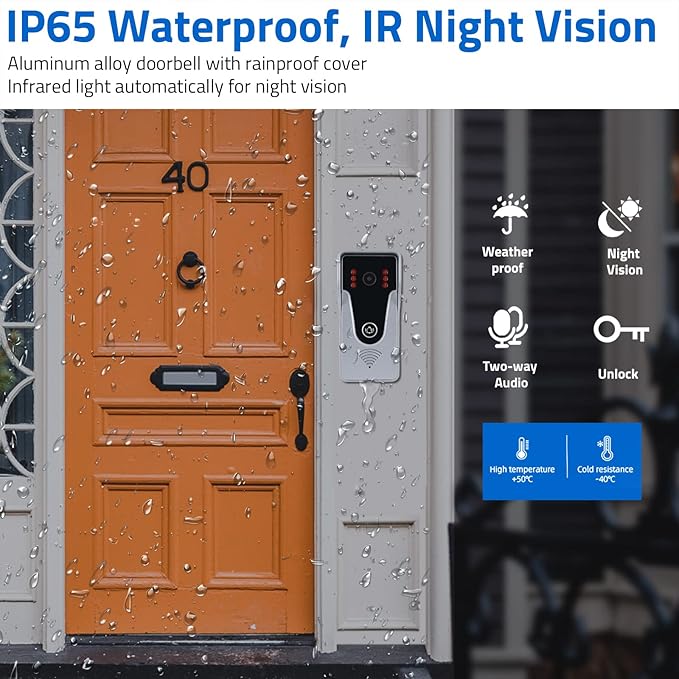 Wired Video Intercom System, 7 Inch Monitor and Aluminum Alloy Doorbell Camera
